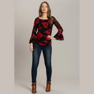 Solo Womens Print Top with Frill Sleeves - Red front