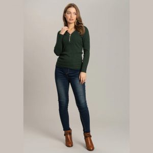 Solo Womens Rib Jumper with front zip opening - Green front